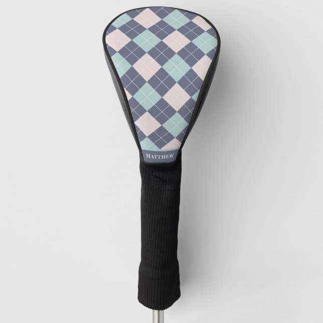 Preppy Raute Kariert Pink Türkis Denim Blue Golf Headcover (Vorderseite)