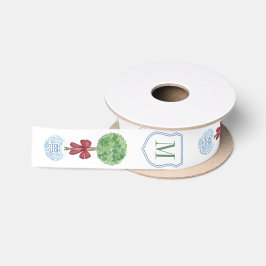 Preppy Red and Green Monogram Boxwood Christmas Satinband