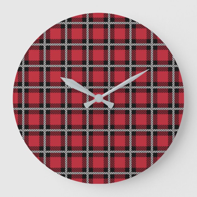 Preppy Red Grid Check Design Große Wanduhr (Vorderseite)