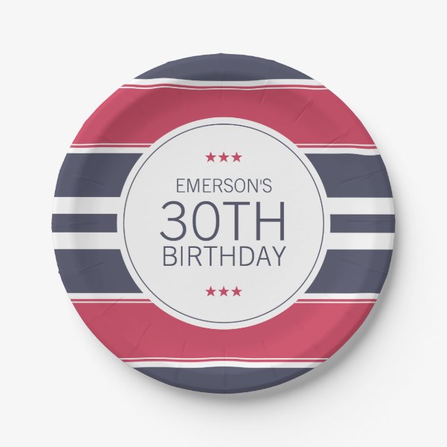 Preppy Red, White & Blue Birthday Paper Plate Pappteller (Vorderseite)