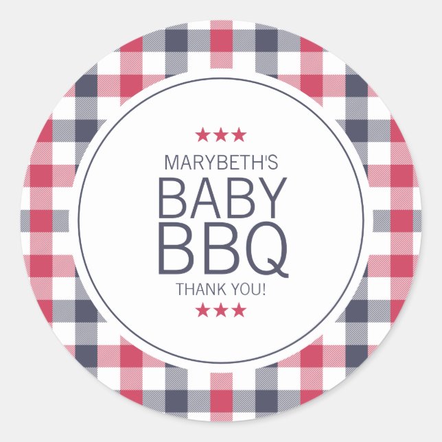 Preppy Red, White & Blue Kariert GRILLEN Baby Dusc Runder Aufkleber (Vorderseite)