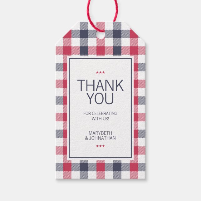 Preppy Red, White & Blue Kariert Wedding Vielen Da Geschenkanhänger (Vorderseite)