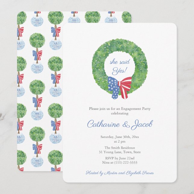 Preppy Red White Blue Outdoor Engagement Party Einladung (Vorne/Hinten)