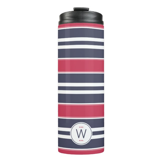 Preppy Red, White & Blue Strip Thermal Tumbler Thermosbecher (Vorderseite)