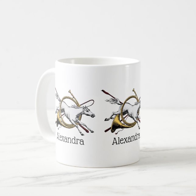 Preppy Reitpferd springt durch Hornfarbe Kaffeetasse (Vorderseite Links)