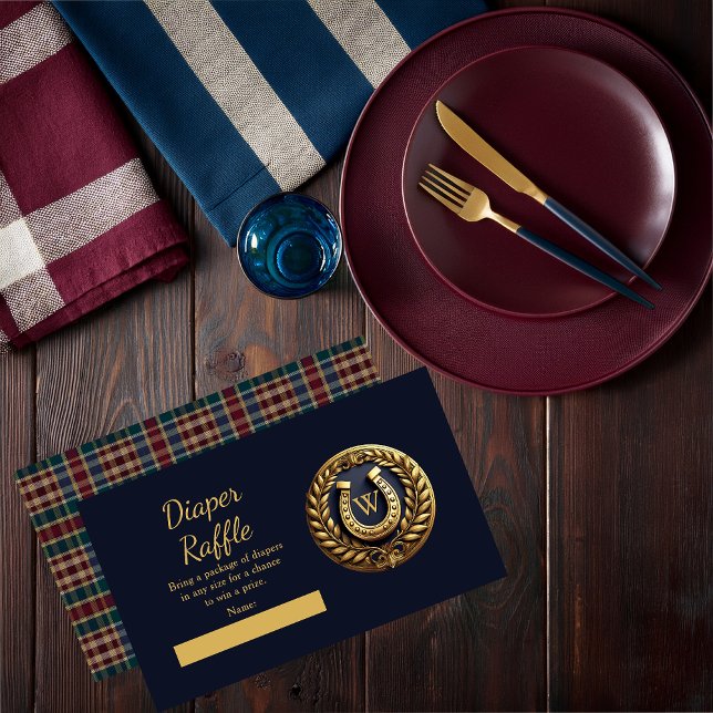 Preppy Reittier Horseshoe Blue Diaper Raffle Begleitkarte (Charming Classic Preppy Gold Horseshoe Monogram Emblem Plaid  Boy Baby Shower Diaper Raffle Card)