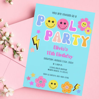 Preppy Retro Y2K Pool Party Happy Face Geburtstag Einladung