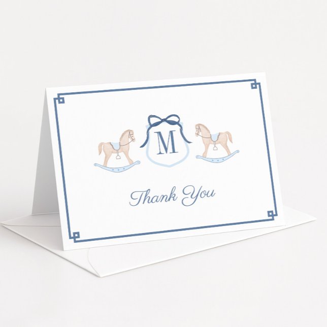 Preppy Rocking Horse Monogram Baby Shooting Dankeskarte (Preppy watercolor monogram rocking horse thank you card with navy blue Greek Key border)