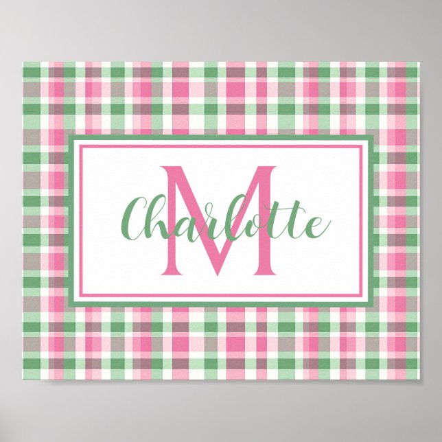 Preppy-Rosa und Grün kariertes Monogramm Poster (Vorne)