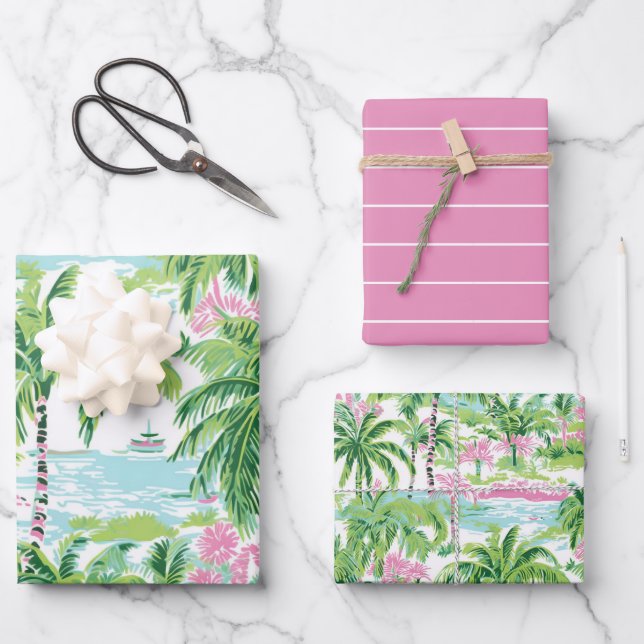 Preppy-Rosa und grüne tropische Palmen Geschenkpapier Set (Vorderseite)