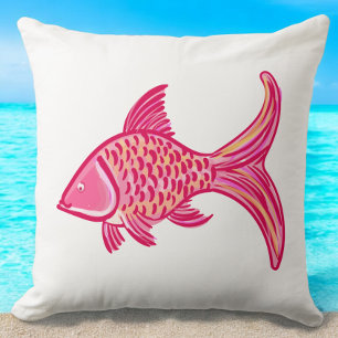 Preppy Rosa und Orangefarbener Fisch Coastal Kissen