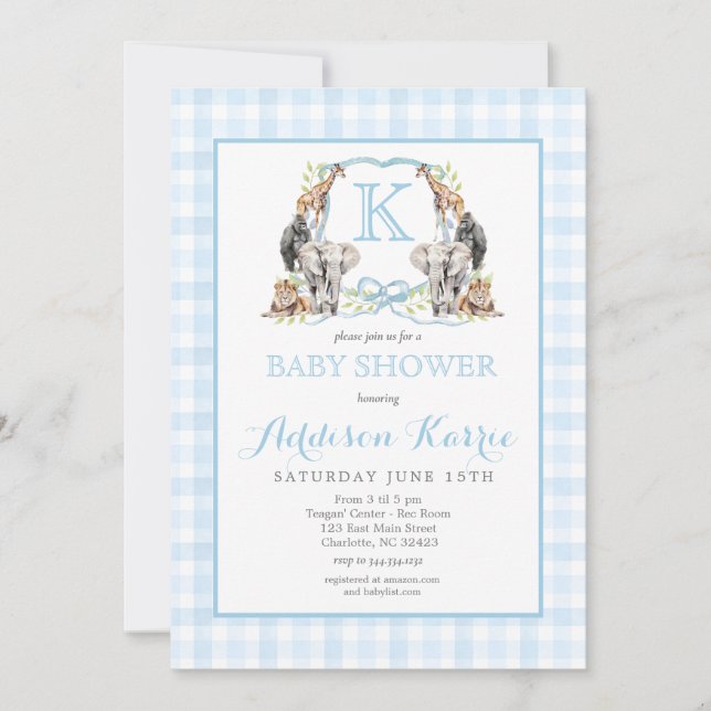 Preppy Safari Wappen Kinderdusche Einladung (Vorderseite)