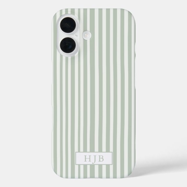 Preppy Sage Green Stripe Monogram Hübsch iPhone 16 iPhone 16 Hülle (Rückseite)