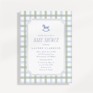 Preppy Schaukelpferd Blau und Salbei Kariert Baby- Einladung