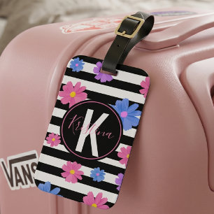 Preppy Schwarz Weiß gestreift Rosa Blau Floral Gepäckanhänger