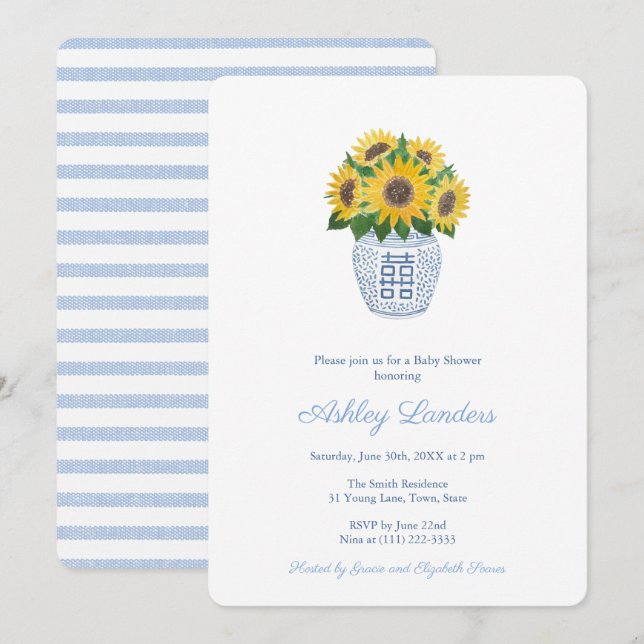Preppy-Sonnenblumen Blauer und weiße Vase Baby-Dus Einladung (Vorne/Hinten)
