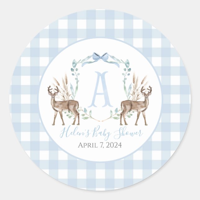 Preppy Southern Blue Boy Deer Baby Dusche Runder Aufkleber (Vorderseite)