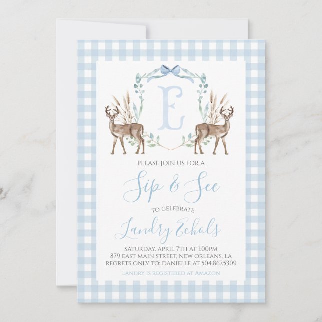 Preppy Southern Blue Boy Deer Hunter Sip und See Einladung (Vorderseite)