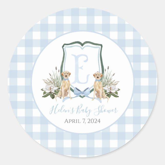 Preppy Southern Blue Boy Dog Baby Dusche Runder Aufkleber (Vorderseite)