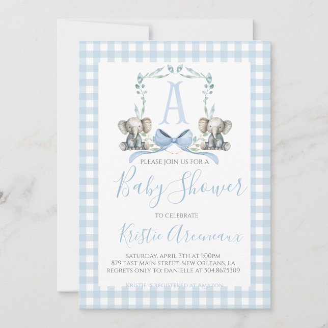 Preppy Southern Blue Boy Elephant Baby Dusche Einladung (Von Creator hochgeladen)