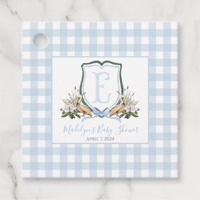 Preppy Southern Blue Boy Pelican Baby Dusche Geschenkanhänger (Vorderseite)