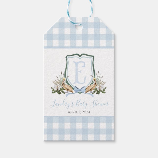 Preppy Southern Blue Boy Pelican Baby Dusche Geschenkanhänger (Vorderseite)