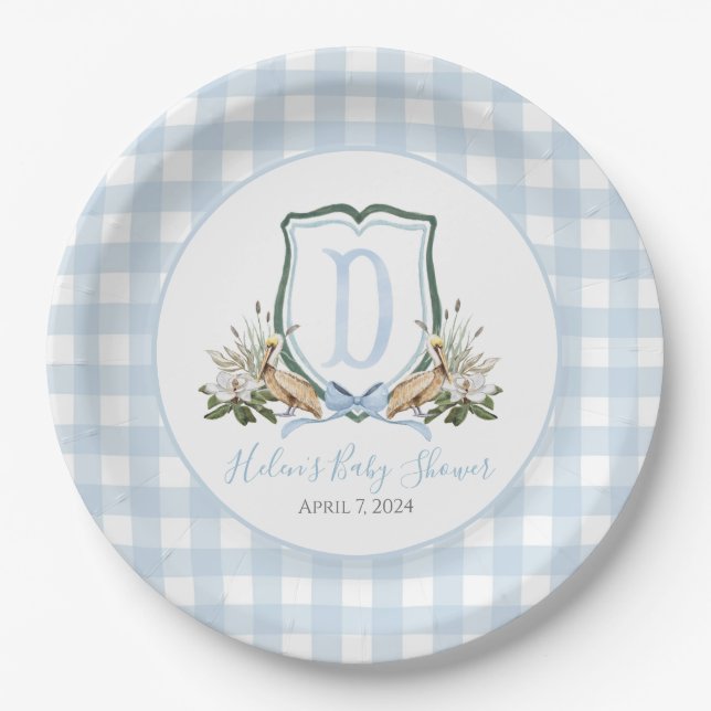 Preppy Southern Blue Boy Pelican Baby Dusche Pappteller (Vorderseite)