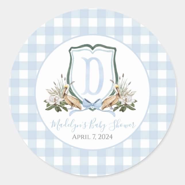 Preppy Southern Blue Boy Pelican Baby Dusche Runder Aufkleber (Vorderseite)