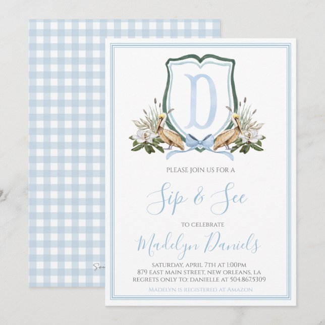 Preppy Southern Blue Boy Pelican Sip & See Einladung (Vorne/Hinten)