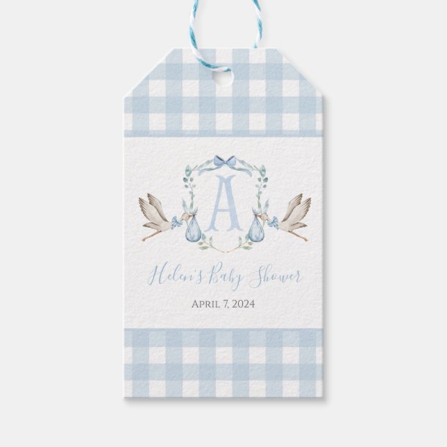 Preppy Southern Blue Boy Stork Baby Dusche Geschenkanhänger (Vorderseite)