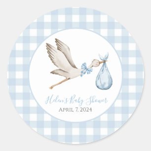 Preppy Southern Blue Boy Stork Baby Dusche Runder Aufkleber