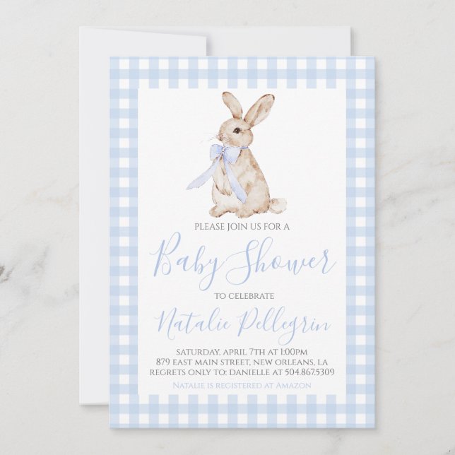 Preppy Southern Blue Gingham Bunny Baby Dusche Einladung (Vorderseite)