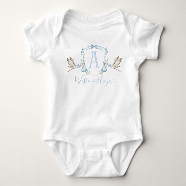 Preppy Southern Blue Stork Boy Baby Dusche Strampler (Vorderseite)