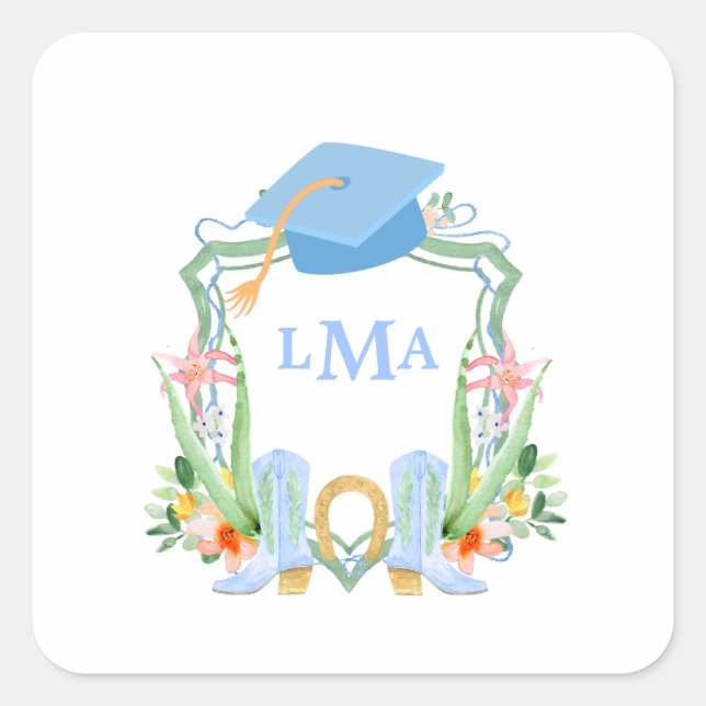 Preppy Southern Cowgirl Monogram Abschluss Quadratischer Aufkleber (Vorderseite)