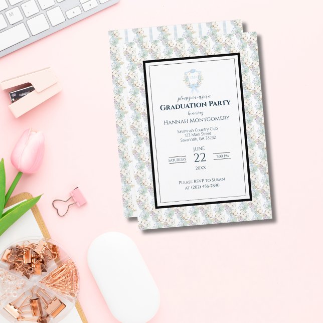 Preppy Southern Gingham Monogram Graduation Party Einladung (Von Creator hochgeladen)