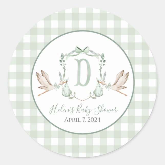 Preppy Southern Green Boy Stork Baby Showdusche Runder Aufkleber (Vorderseite)