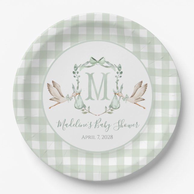 Preppy Southern Green Stork Baby Dusche Pappteller (Vorderseite)