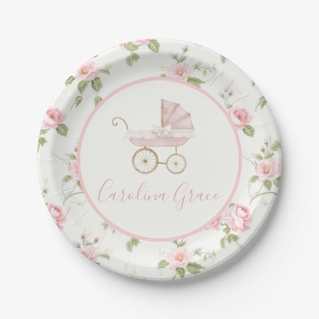 Preppy Southern Pink Floral Girl Babydusche Pappteller (Vorderseite)