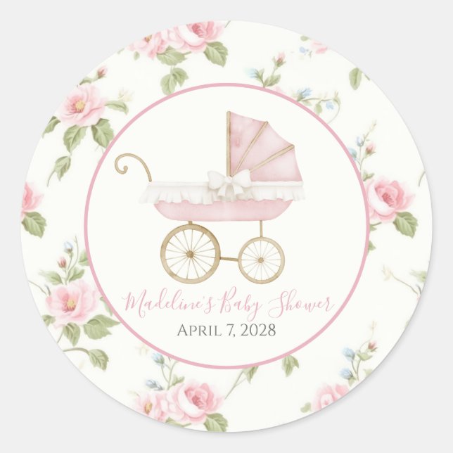 Preppy Southern Pink Floral Girl Babydusche Runder Aufkleber (Vorderseite)