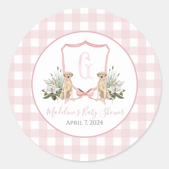 Preppy Southern Pink Girl Dog Babydusche Runder Aufkleber (Vorderseite)