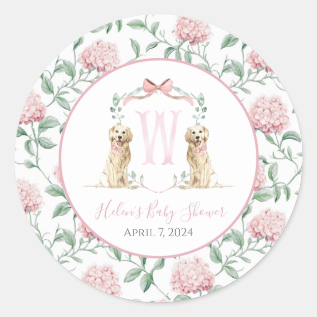 Preppy Southern Pink Girl Dog Babydusche Runder Aufkleber (Vorderseite)
