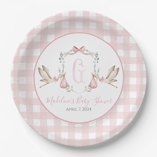 Preppy Southern Pink Girl Stork Baby Dusche Pappteller (Vorderseite)