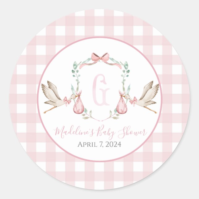 Preppy Southern Pink Girl Stork Baby Dusche Runder Aufkleber (Vorderseite)