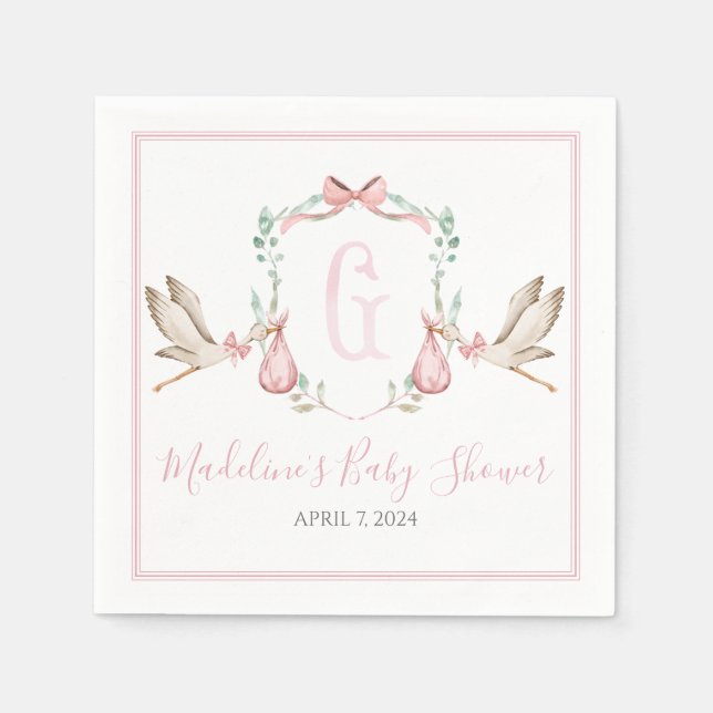 Preppy Southern Pink Girl Stork Baby Dusche Serviette (Vorderseite)