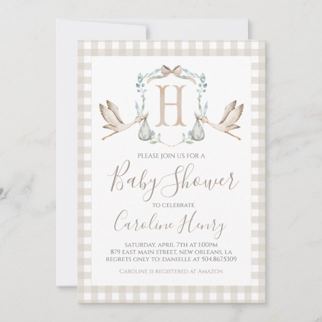 Preppy Southern Tan Stork Baby Shower Einladung (Vorderseite)
