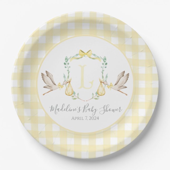 Preppy Southern Yellow Stork Baby Showroom Pappteller (Vorderseite)