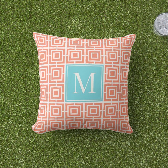 Preppy Square Lattice Monogram - Coral & Turquoise Kissen (Golfball-Marker)