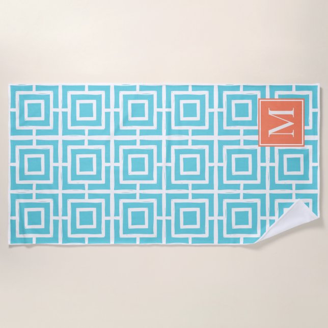 Preppy Square Lattice Monogram - Coral & Turquoise Strandtuch (Vorderseite)