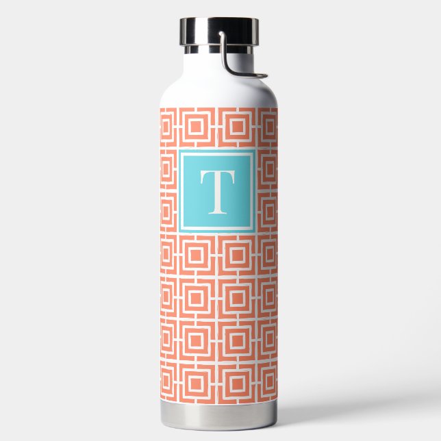 Preppy Square Lattice Monogram - Coral & Turquoise Trinkflasche (links)