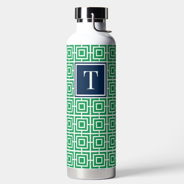 Preppy Square Lattice Monogram - Green & Navy Trinkflasche (links)